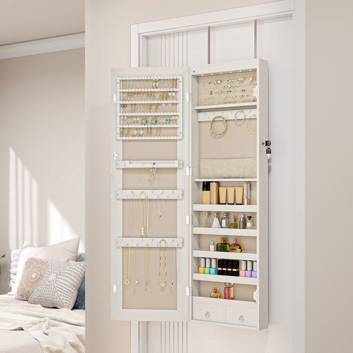 Armoire à bijoux - Miroir plein pied - Éclairage LED - Verrouillable avec 2 clés - Grande capacité fixation mur/porte