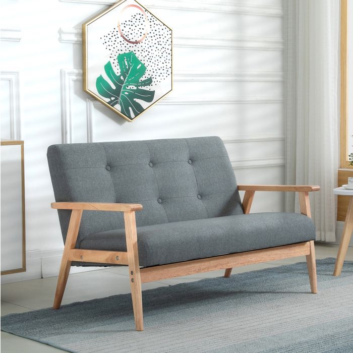 JOINERY canapé loveseat fixe compact 2 places style scandinave en lin gris foncé dossier boutonné 115 x 66 5 x 73 cm
