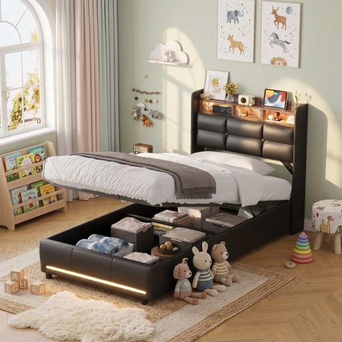 Lit enfant 90 x 200 cm Anajqaqia lit simple à LED lit coffre Lit rembourré tête de lit avec prise de recharge lit garcon PU noir