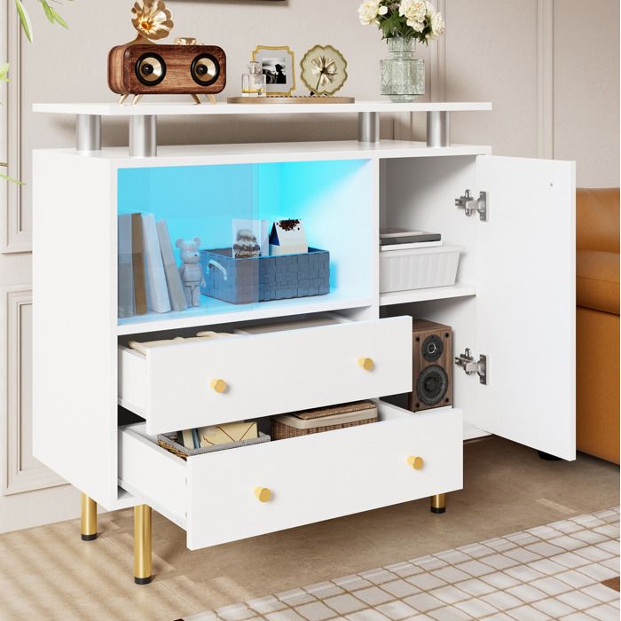 Buffet bas LED 2 portes coulissantes en verre 2 tiroirs et 1 porte - ELVMI - Salon Blanc 80×35×80 cm