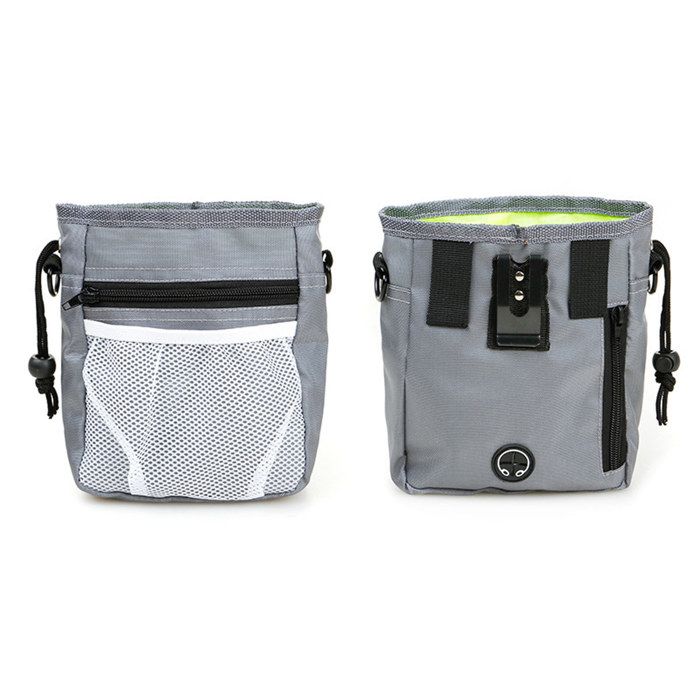 1 Pochette dressage chien sac croquettes distributeur sacs déjections ceinture ajustable nylon gris .