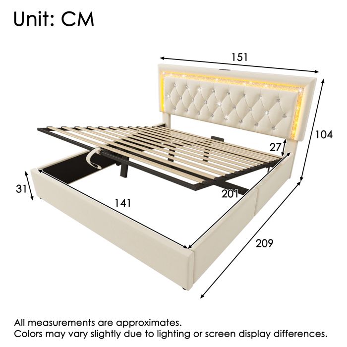 Lit double velours 140x200 cm beige avec LED diamant USB-C coffre hydraulique rangement et sommier sans matelas