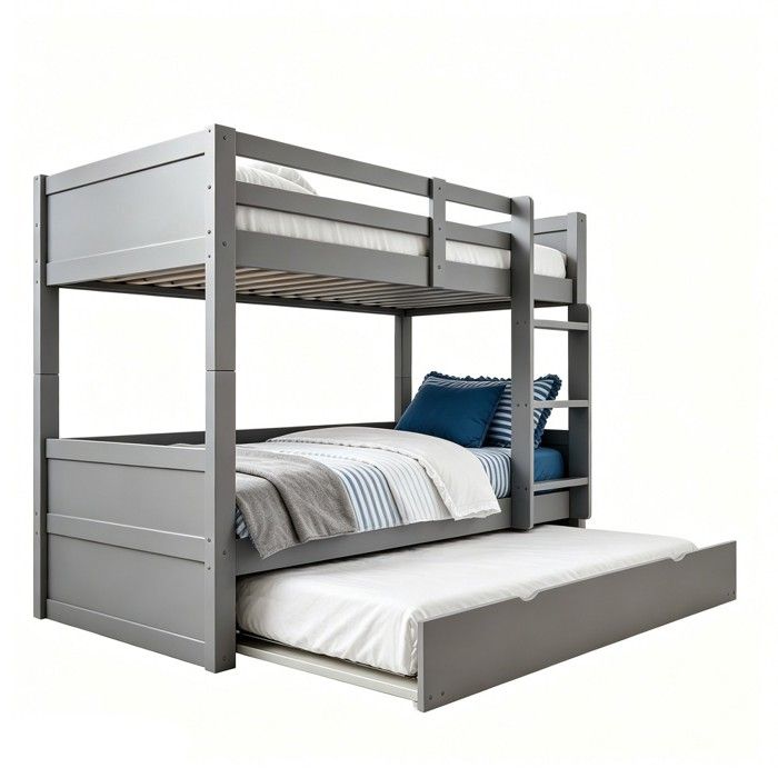Lit Superposé 90x200cm Aspect Gris MDF Convertible Lit Simple Barrière Sécurité Échelle Sommier Lattes Extensible Sans Matelas