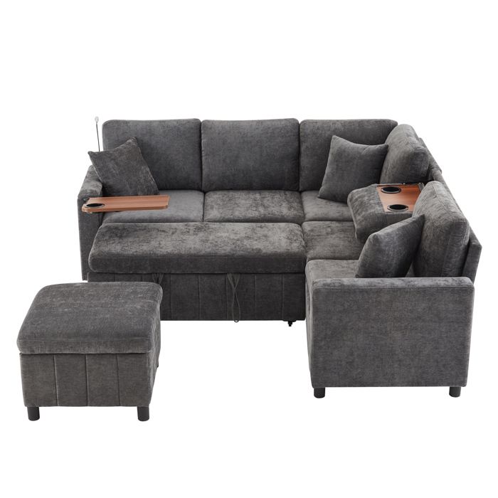 Canapé d’angle convertible modulable en chenille gris avec pouf de rangement USB Type-C et lampe