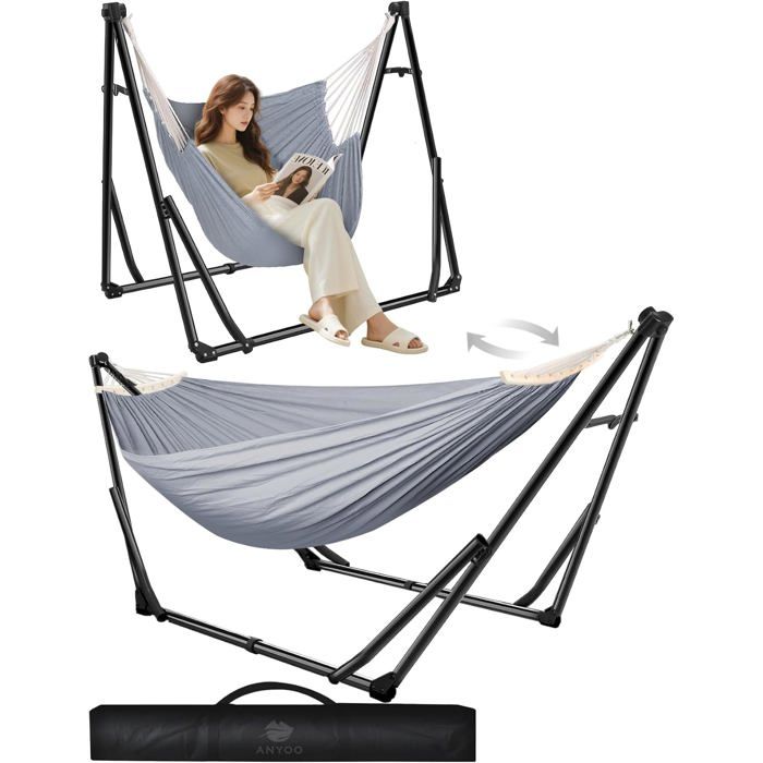 Hamac chaise 2 en 1 pliable avec support intérieur extérieur coton polyester structure acier capacité 200 kg montage sans outil