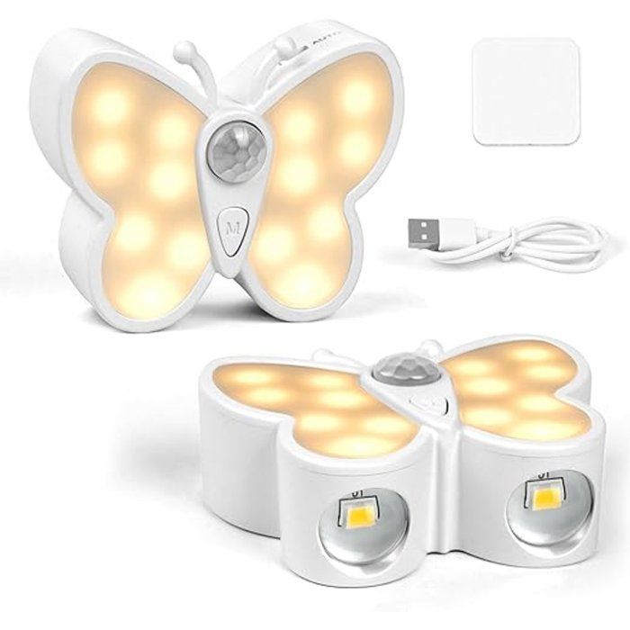 Veilleuse avec détecteur de mouvement 2 lampes papillon rechargeables via USB fixation magnétique sans fil 3 couleurs 3CQINGSHOP