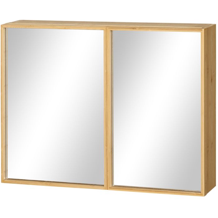 Armoire à pharmacie murale miroir à double porte 65 2 x 14 x 50 cm en bambou naturel 3 étagères intérieures