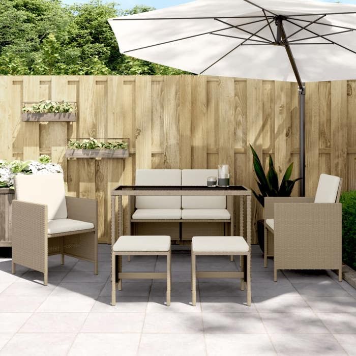 Beige Ensemble à manger de jardin avec coussins 6pcs beige poly rotin - Meuble de balcon LV58647