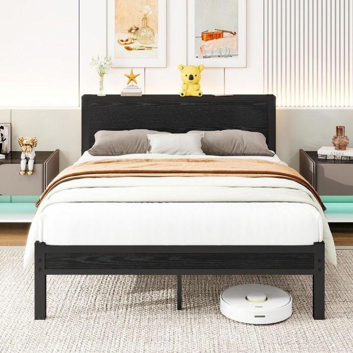 Lit cadre métal noir 140x200 cm avec tête de lit rangement structure métallique silencieuse sans sommier nécessaire