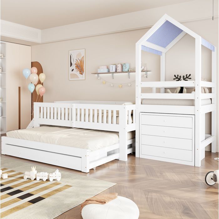 WUVRIE Lit enfant maison 90x200 avec lit gigogne 90x190 tiroirs échelle latérale bois blanc