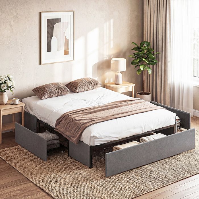 Lit coffre - CRESTA - 140 x 190 cm - 3 tiroirs - Sommier à lattes - Tissu lin gris Lit coffre - CRESTA - 140 x 190 cm - 3 tiroirs - Sommier à lattes - Tissu lin gris