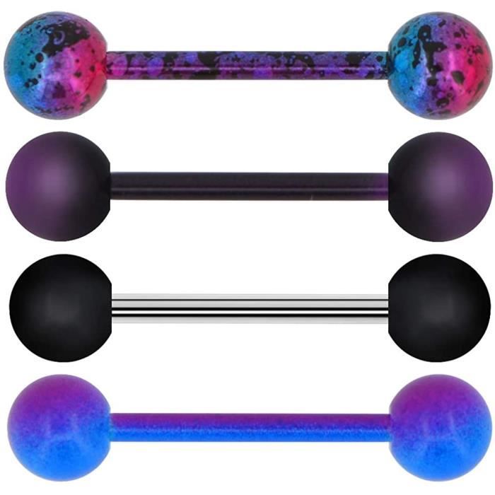 OUFER 4PCS Piercing Langue 14G Acier Chirurgical 316L avec Boule Arylique Noir Violet Piercing Barbell Barre de Langue Ensemble