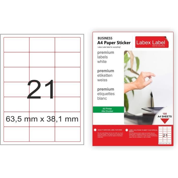 50 Feuilles Etiquettes Autocollantes Imprimables A4 - 21 Pièces Par Feuille (63,5 X 38,1 Mm)
