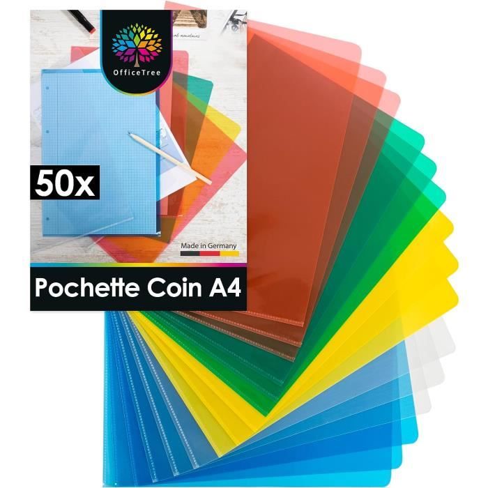 OfficeTree 50x Pochette Plastique A4 Couleur Pochette Coin Plastique Chem Plastique A4 Pochette 