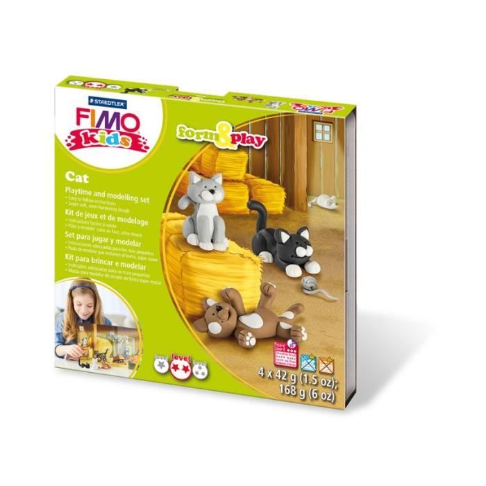 Kit Fimo Kids Chat - STAEDTLER - Set de pâte à modeler - 4 pains assortis + outil de modelage + décor