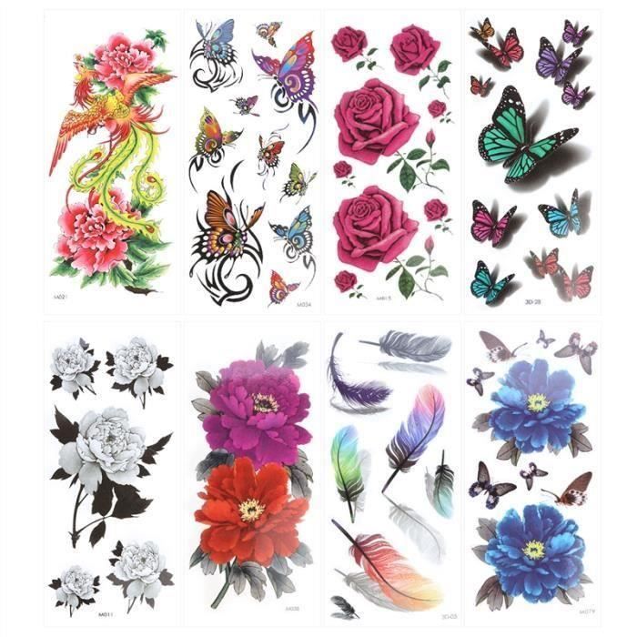 8 Feuilles Tatouage Temporaire Rose Fleur De Pivoine Phoenix 3d Feather Papillon Flash Tattoo Facile à Appliquer Et De Longue L0634e
