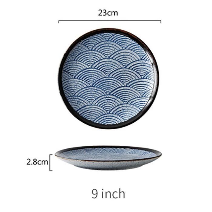 Assiette Céramique Bleue Et Blanche – Style Vintage – Pour Steak, Dessert, Salade – Forme Ronde Moderne
