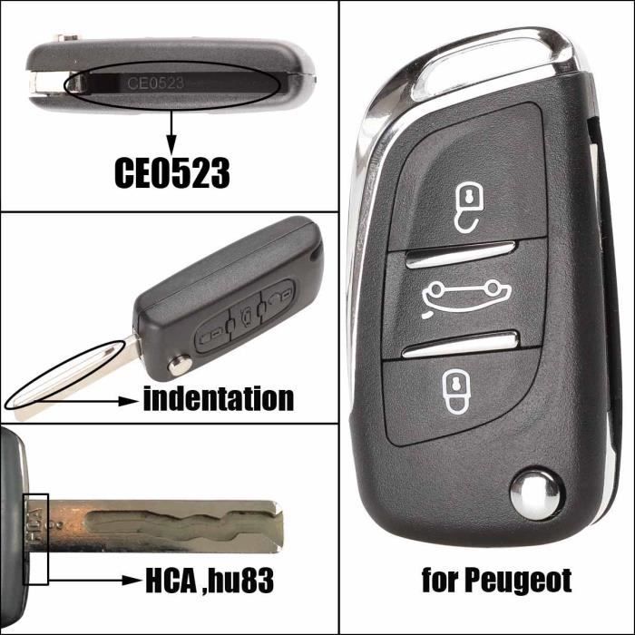 Taille -3b CE523 HCA Peugeot Coque de clé de voiture à pour Peugeot 207, 308, 307, 407, 607, 807 cc, pour citroën C2, C3, C4, C5,