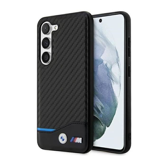 Coque BMW Leather Carbon Blue Line pour Samsung Galaxy S23+ – Cuir Noir/Blanc