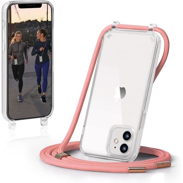 Coque IPhone 13 Transparente Avec Collier Réglable - Housse TPU Souple Anti-Choc Et Lanière Détachable - Rose