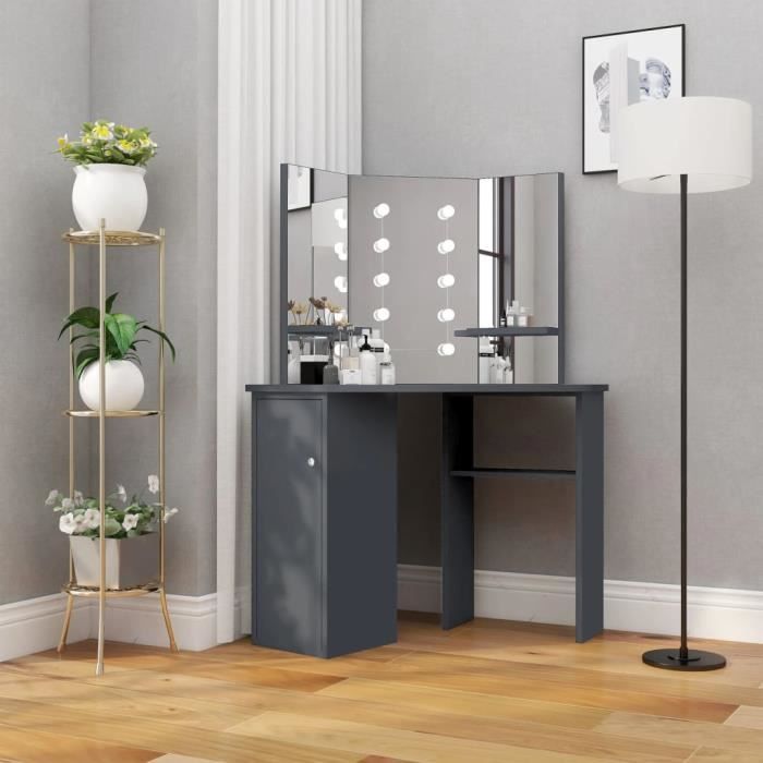 Coiffeuse dangle - ESTINK - Gris - MDF et mélamine - Miroir 3 panneaux - LED inclus