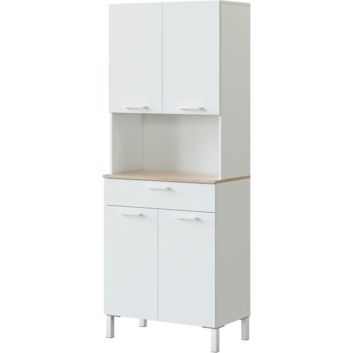 Buffet de cuisine KIRA - Décor blanc artik et chêne canadien - 4 Portes + 1 Tiroir - L186 x H72 x P4