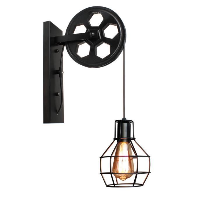 iDEGU Applique Industrielle Murale Interieur Levage Poulie Fer Cage Lampe Vintage Luminaire pour Maison Couloir(Noir)