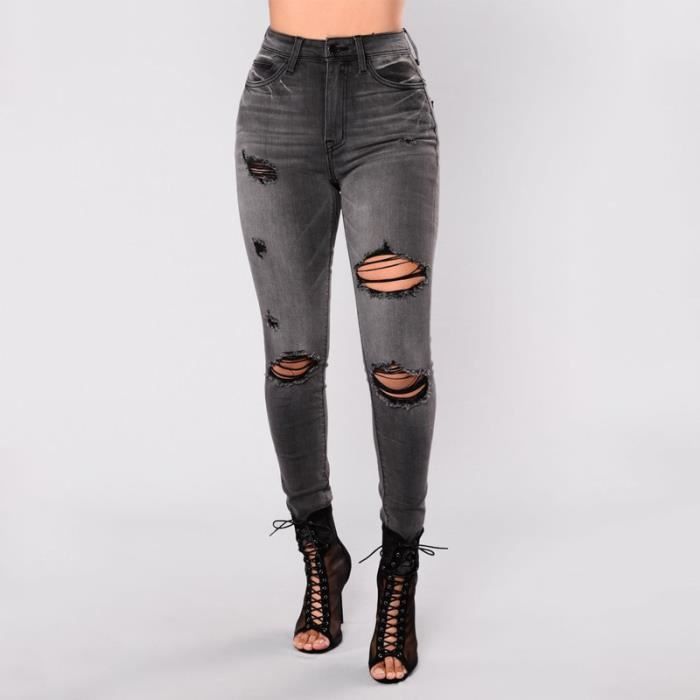 Nouveau Femmes Skinny Noir Blanc Jeans déchiré taille haute genou coupé 6 8 10 12 14
