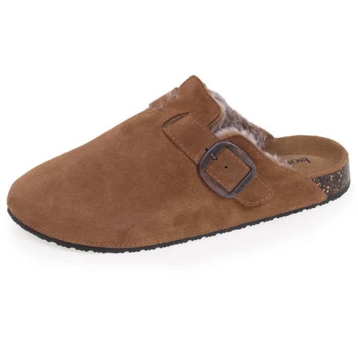 Isotoner Sabots dessus cuir, semelle extra-flex, légers, patch talon  confort camel femme