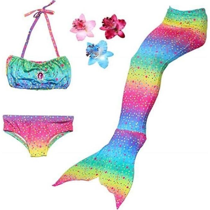 Maillot De Bain Sirène Enfant - Queue Détachable Avec Boutons - 3 Pièces (Haut, Culotte, Queue) - Bleu Foncé