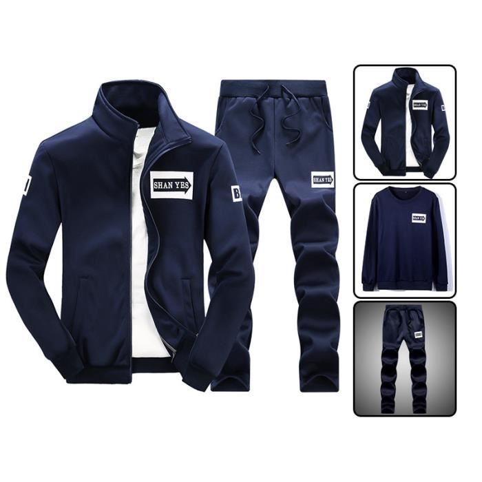 Survetement homme de marque Ensemble de trois pieces La Fleche Pull ras du cou pantalon veste zippee bleu Bleu Cdiscount Pret a Porter