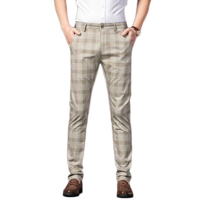Pantalon Homme Carreaux Slim Fit YOUCAI Longueur Confortable Taille Elastique Kaki1 Cdiscount Pret a Porter