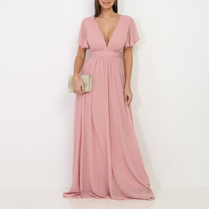 robe longue vieux rose à manches papillons