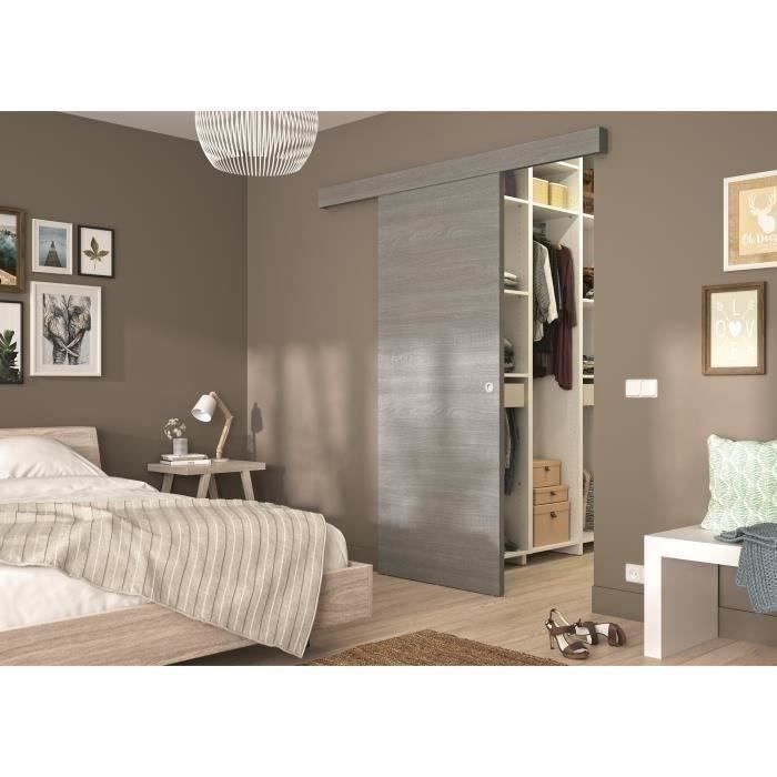 OPTIMUM - Kit porte coulissante + rail + bandeau Brazil - H.204xL.83xP.4 cm - Chêne gris