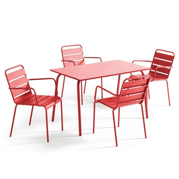 Ensemble table de jardin et 4 fauteuils en métal rouge Palavas Oviala