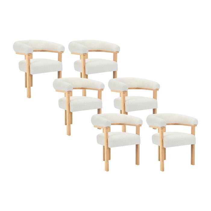 Lot de 6 chaises avec accoudoirs en tissu bouclette et bois dhévéa naturel - Blanc - LIVELIA