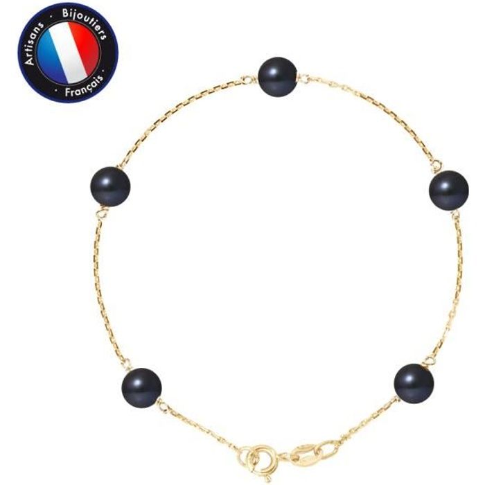 Bracelet - PERLINEA - 5 Perles de Culture dEau Douce 6-7 mm - Or Jaune - Noir - Femme