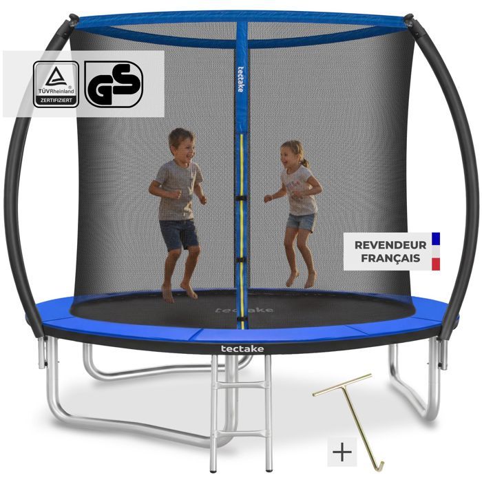 Trampoline - TECTAKE - Trampoline JUMPY certifié GS en acier avec filet de sécurité et échelle daccès Ø 244 cm - Noir/Bleu