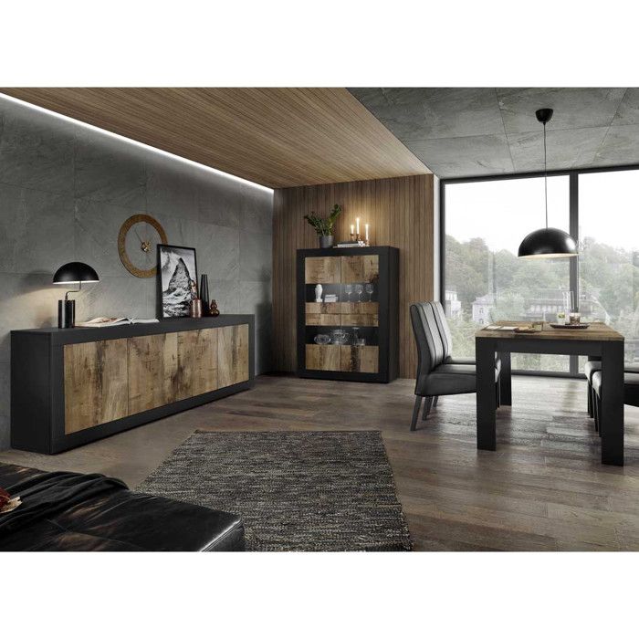 Salle à Manger Complète Noir mat/Bois fumé MATERA L 180 x l 90 x H 79 Cdiscount Maison