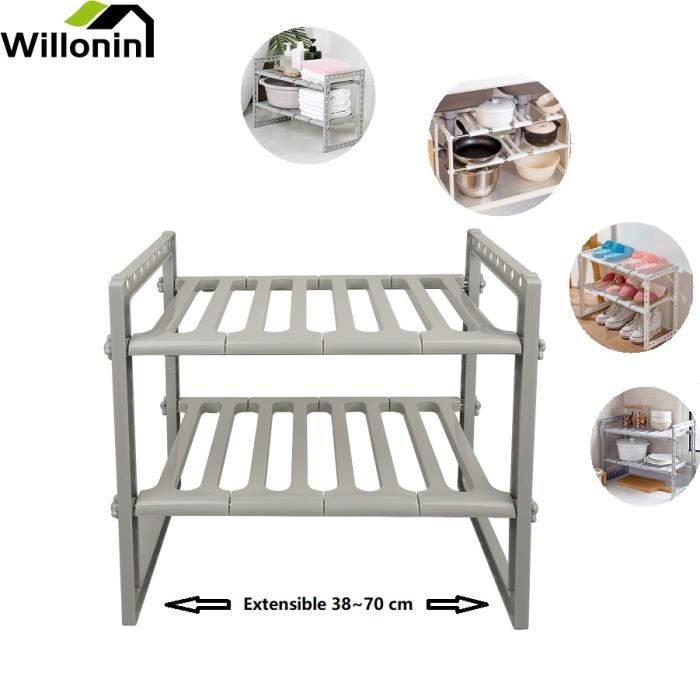 willonin® etagère sous évier extensible 38 - 70cm, organisateur rangement de cuisine à 2 niveaux pour placard cuisine comptoir, gris