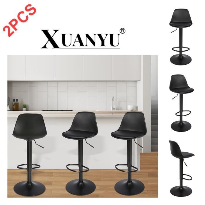 Tabouret de Bar XUANYU - Dossier Haut - Coussin en PU - Chaise de Cuisine Hauteur Réglable - Noir