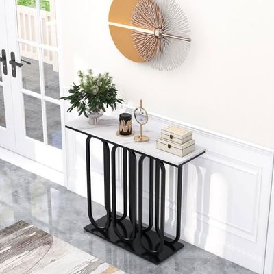 COSTWAY Table Console Marron Rustique – Plateau Faux Marbre – Cadre Métal Doré Géométrique – 100x30x80 Cm