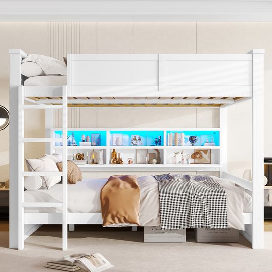 Lit mezzanine en métal 160x200cm - avec bureau - avec éclairage LED et port de chargement USB - Blanc(sans matelas) | Leroy Merlin