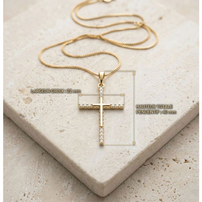 Collier Pendentif Croix Catholique Cristal - Plaqué Or Jaune 750 - Longueur 46-50 Cm