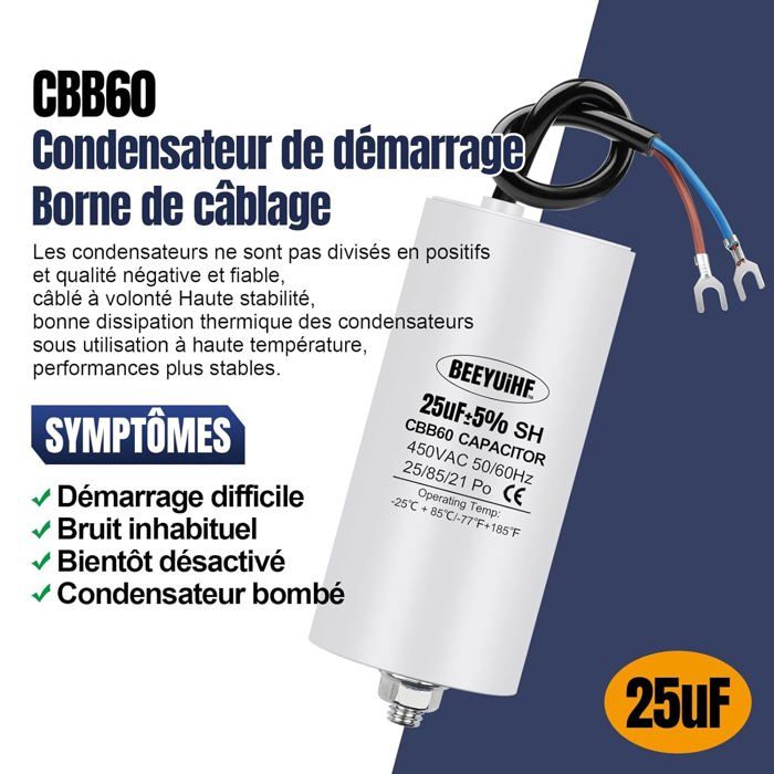 Condensateur Moteur 6µF 450V CBB60 à Fils - Démarrage/permanent, Garantie 2 Ans