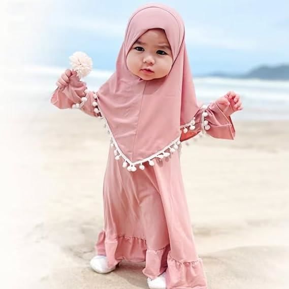Robe Musulmane pour Bébé Fille Rose Abaya à Manches Longues