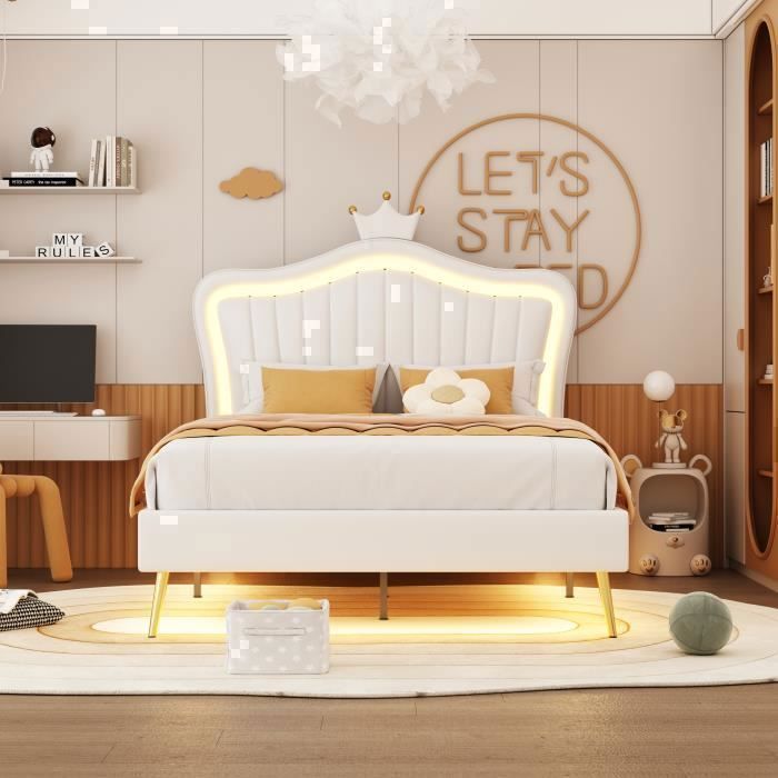 Lit Rembourré 140x200cm Cadre De Lit Fille Avec Tête De Lit Fleurie, Velours Beige