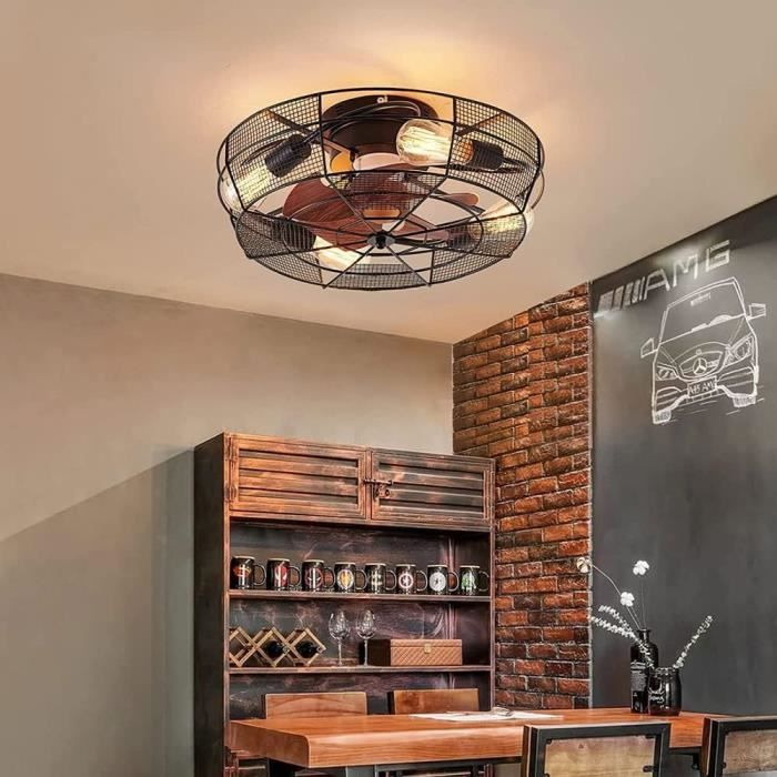 Ventilateur Plafond Avec Lumière 50cm Style Industriel Boho Rotin - Télécommande 4 Lumières Noir