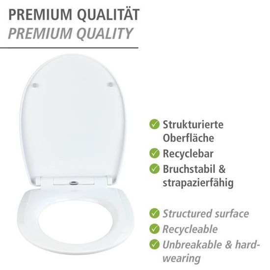 Abattant WC WENKO Bilbao Avec Frein De Chute - Duroplast Blanc Incassable - Fixation Acier Inox 35x43.5cm