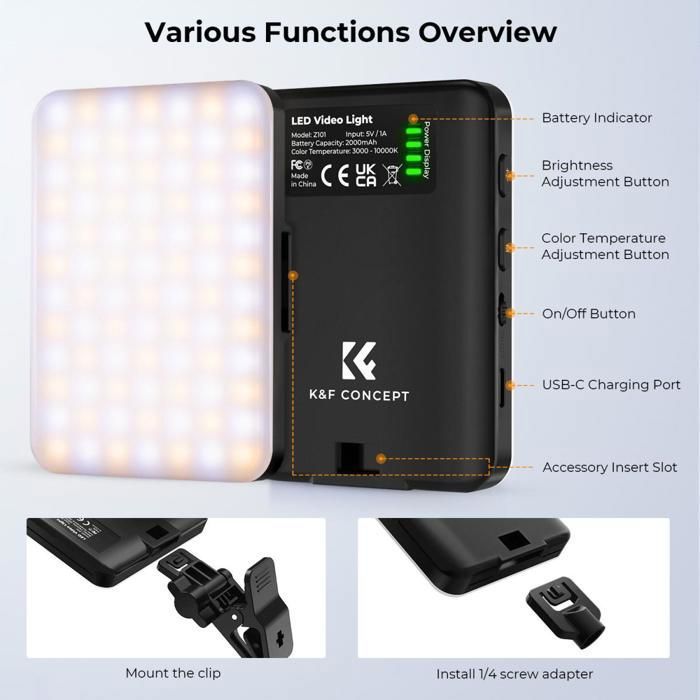 Kit De 2 Lampes LED Vidéo Portables Zeadio - Clip 180°, 20 Modes, 3000K-7000K, IRC95+, Rechargeable USB-C - 11